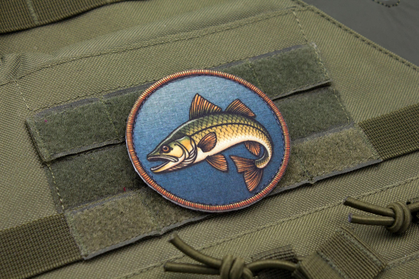 Pike fishing hook and loop morale patch