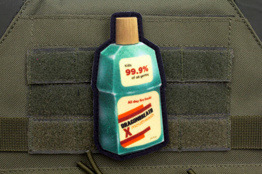 Mouthwashing bottle hook and loop morale patch