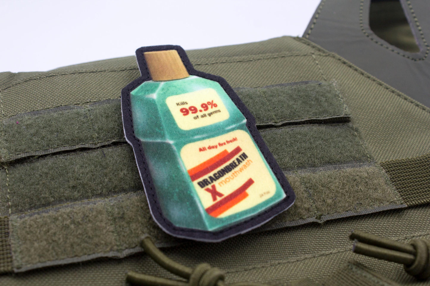 Mouthwashing bottle hook and loop morale patch