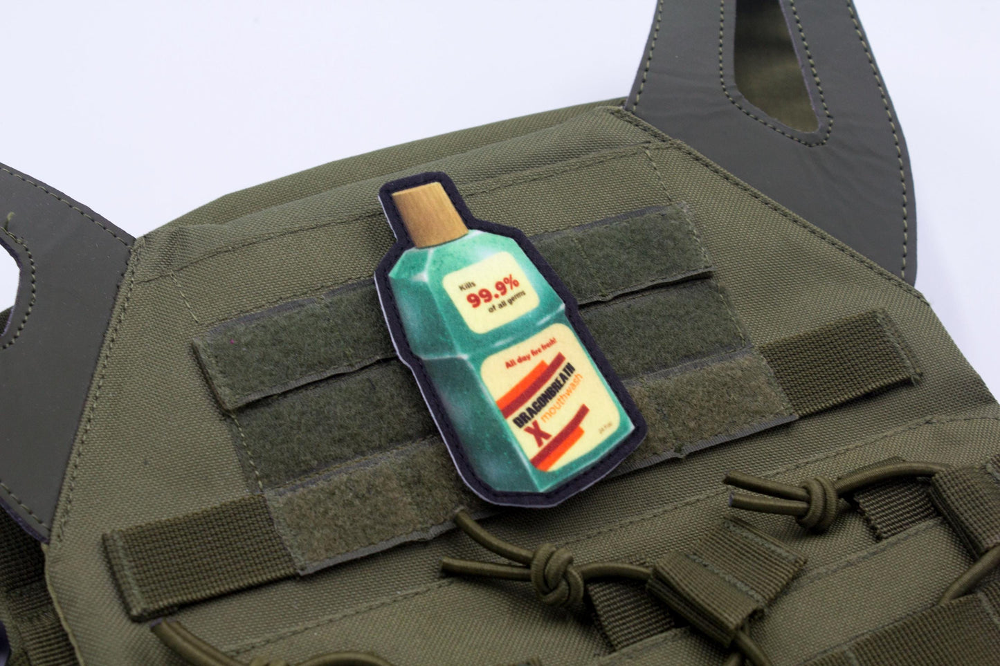 Mouthwashing bottle hook and loop morale patch